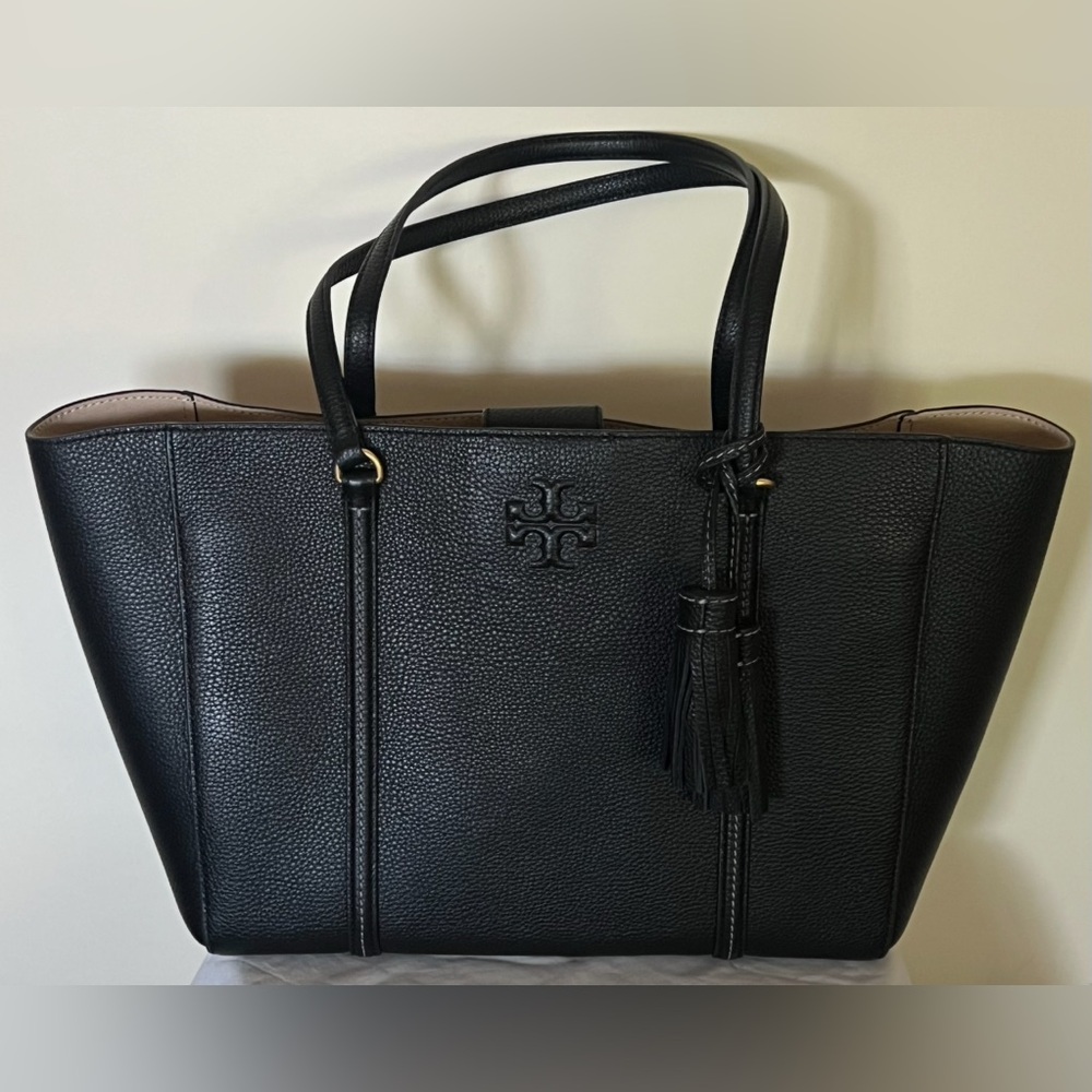 Tory Burch THEA Black Pebbled Leather Tote Handbag $698